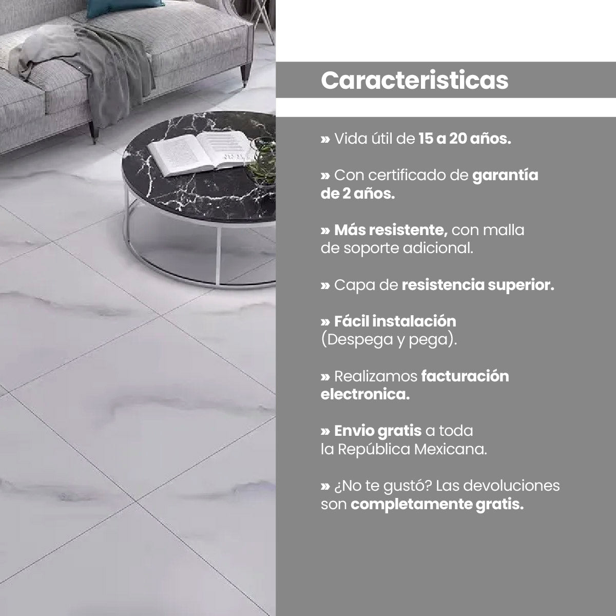 Piso Vinílico MÁRMOL ÉBANO AUTOADHERIBLE caja por 5.04 m2 (24 piezas) medidas 45.7x45.7 cm espesor 2 mm