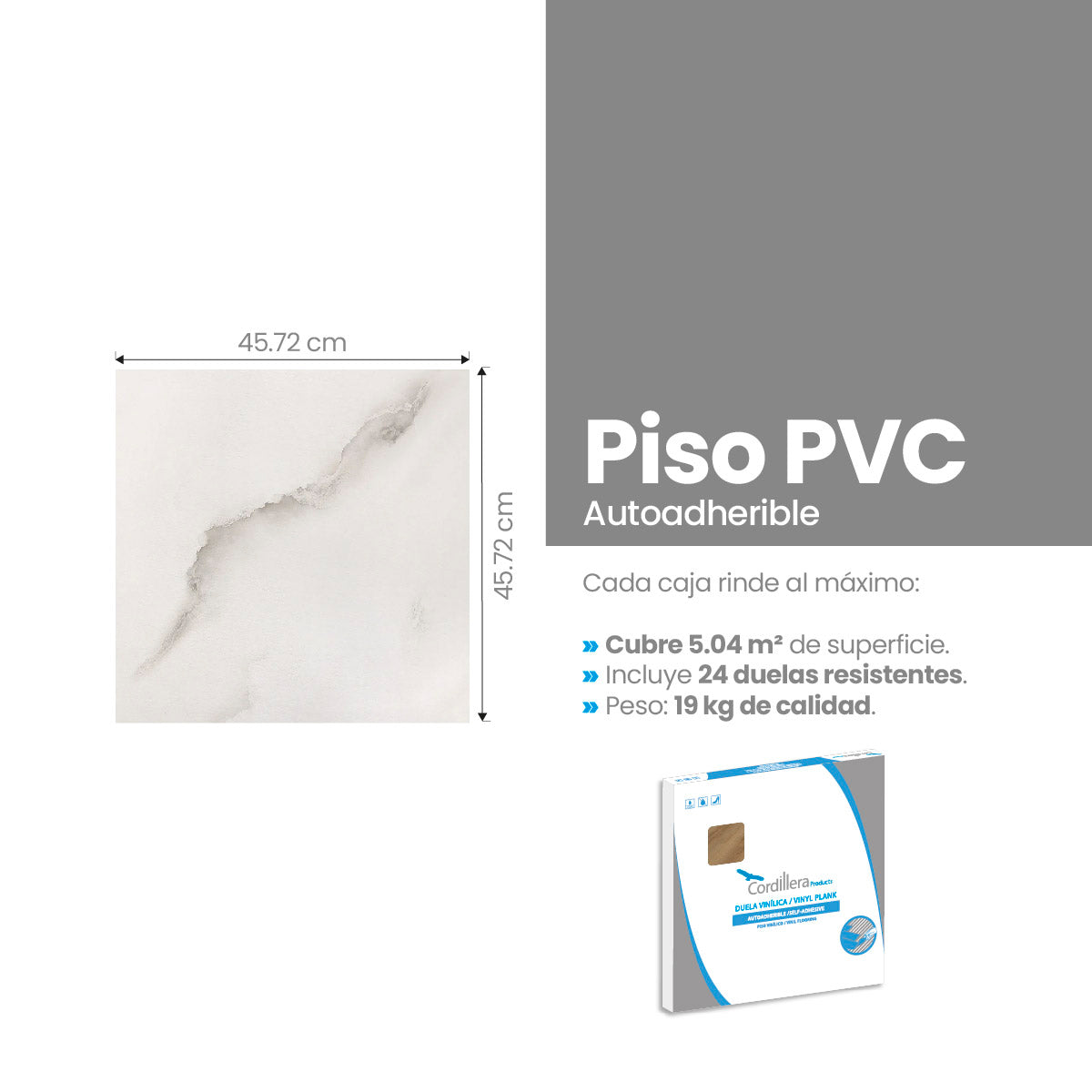 Piso Vinílico MÁRMOL ÉBANO AUTOADHERIBLE caja por 5.04 m2 (24 piezas) medidas 45.7x45.7 cm espesor 2 mm