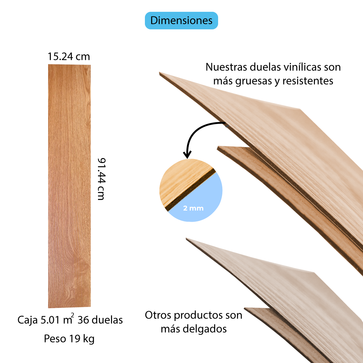 Piso Vinílico ROBLE MEDIO AUTOADHERIBLE caja por 5.01 m2 (36 duelas) medidas 91.4x15.4 cm espesor 2 mm