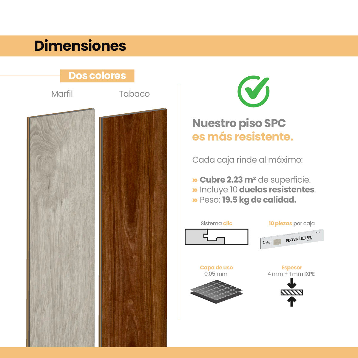Piso Vinílico SPC SISTEMA CLICK MÁRFIL 5mm caja por 2.23 m2