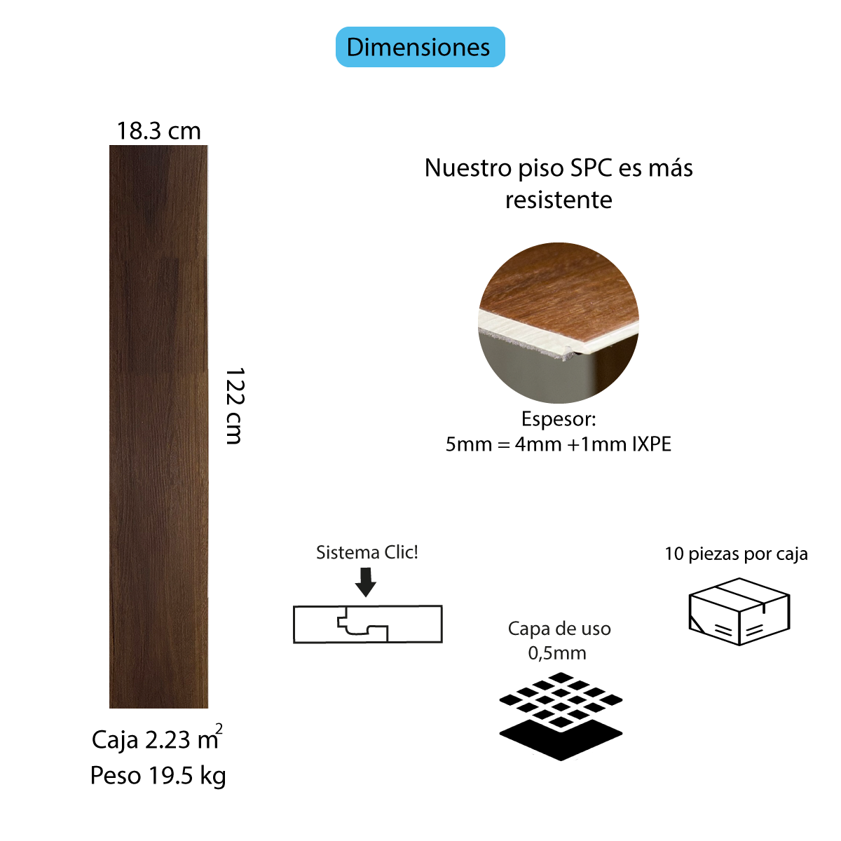 Piso Vinílico SPC SISTEMA CLICK TABACO 5mm caja por 2.23m2