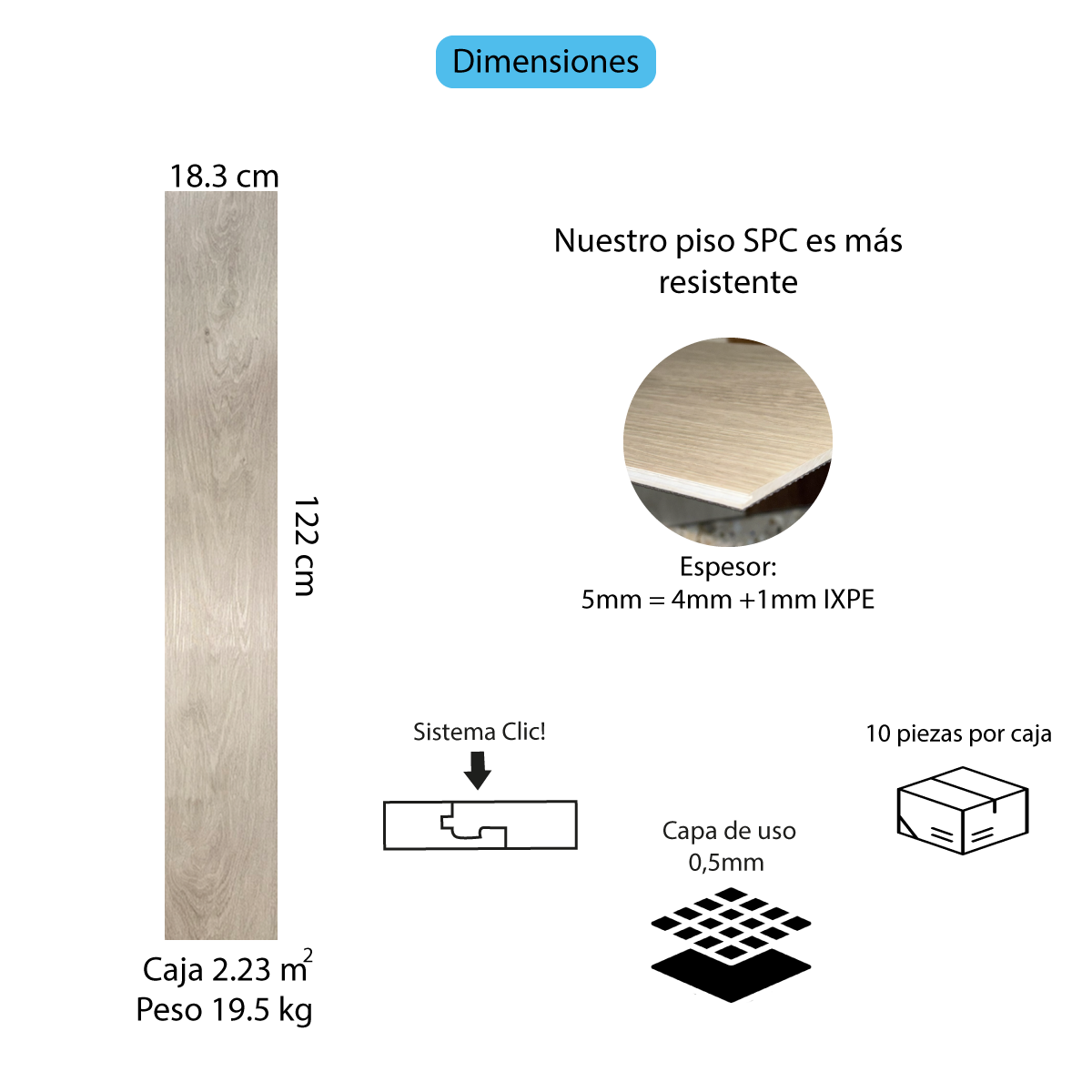 Piso Vinílico SPC SISTEMA CLICK MÁRFIL 5mm caja por 2.23 m2
