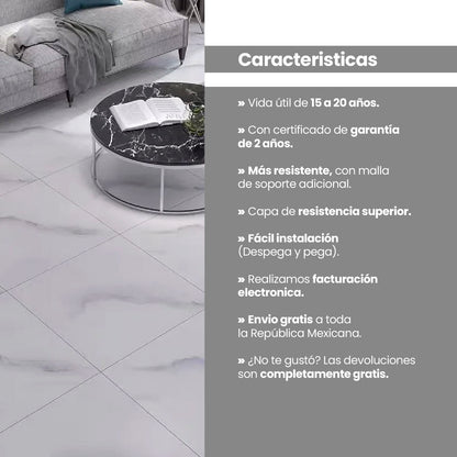 Piso Vinílico MÁRMOL ÉBANO AUTOADHERIBLE caja por 5.04 m2 (24 piezas) medidas 45.7x45.7 cm espesor 2 mm