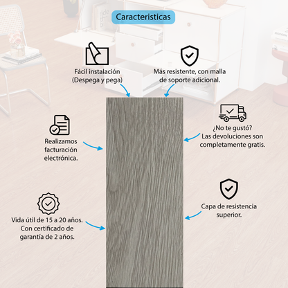 Piso Vinílico GRIS ARTICO AUTOADHERIBLE caja por 5.01 m2 (36 duelas) medidas 91.4x15.4 cm espesor 2 mm