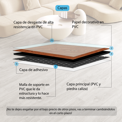 Piso Vinílico CAOBA AUTOADHERIBLE caja por 5.01 m2 (36 duelas) medidas 91.4x15.4 cm espesor 2 mm