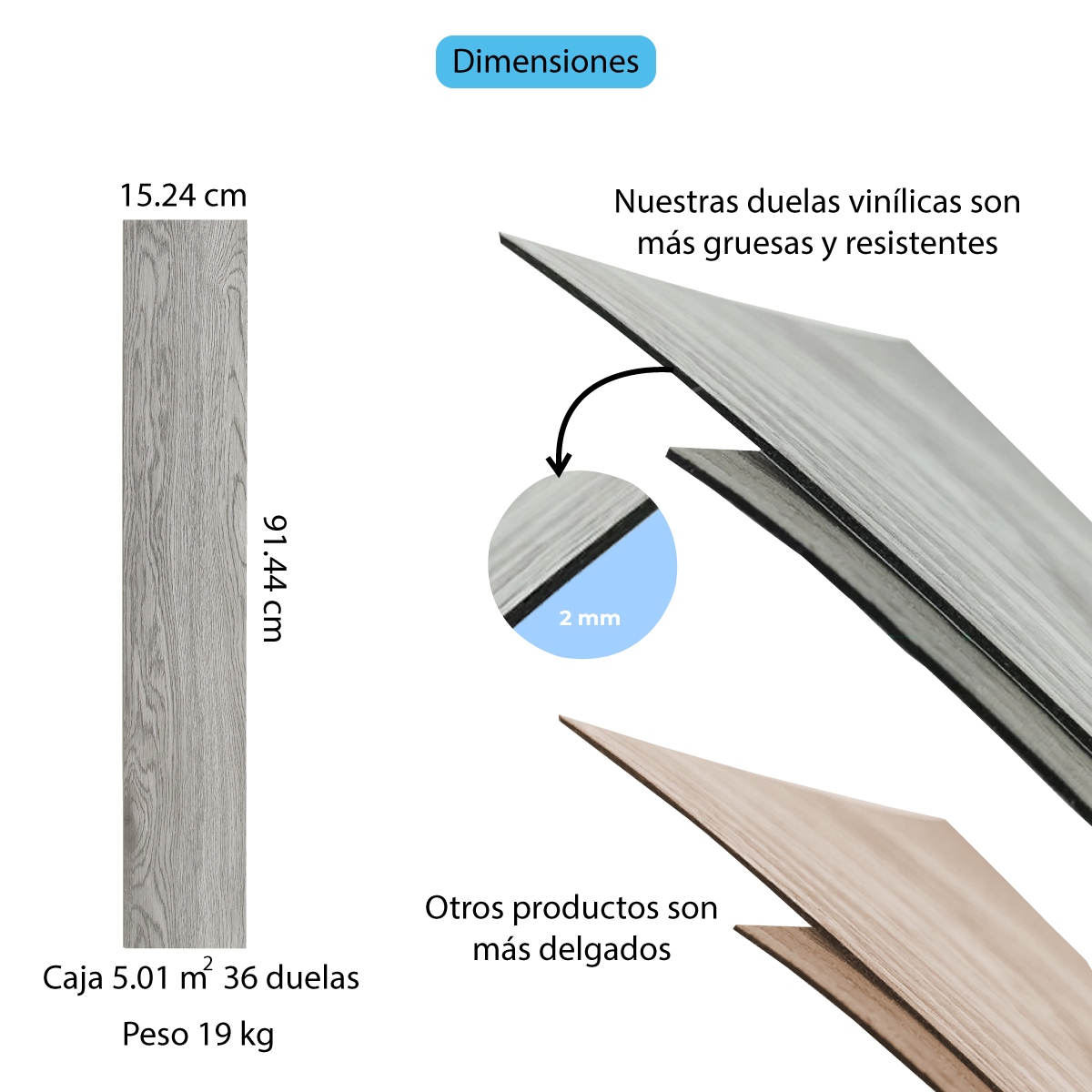 Piso Vinílico GRIS AUTOADHERIBLE caja por 5.01 m2 (36 duelas) medidas 91.4x15.4 cm espesor 2 mm