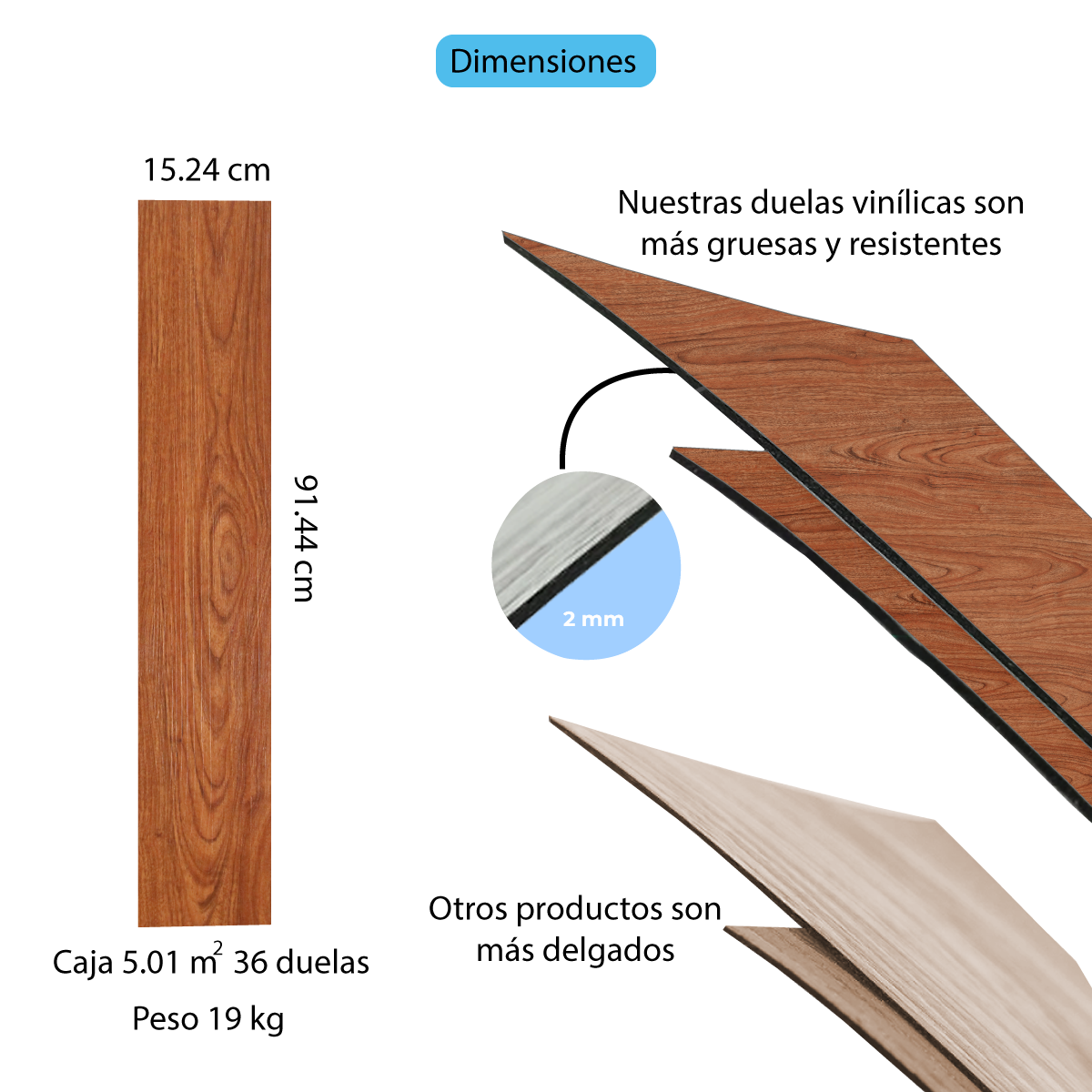 Piso Vinílico CAOBA AUTOADHERIBLE caja por 5.01 m2 (36 duelas) medidas 91.4x15.4 cm espesor 2 mm