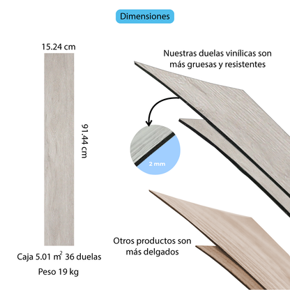 Piso Vinílico GRIS ARTICO AUTOADHERIBLE caja por 5.01 m2 (36 duelas) medidas 91.4x15.4 cm espesor 2 mm