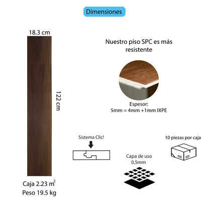 Piso Vinílico SPC SISTEMA CLICK TABACO 5mm caja por 2.23m2